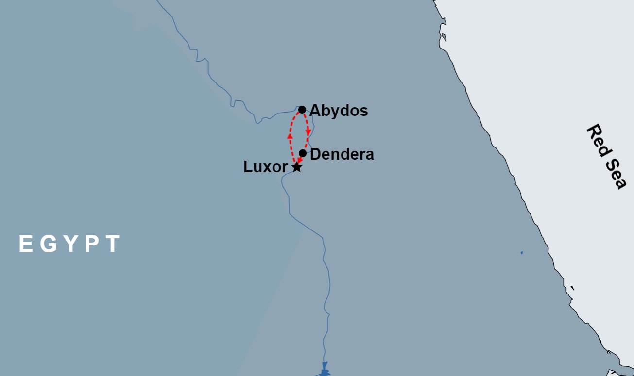 3 Day Best Ancient Monuments of Luxor, Dendera and Abydos map 3 Day Best Ancient Monuments of Luxor, Dendera and Abydos map